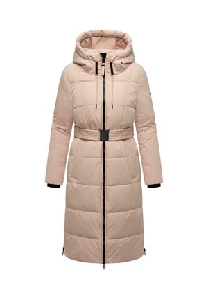 Langer, hellrosa Puffer-Mantel mit Kapuze, Gürtel in der Taille, gestepptem Muster, vorderem Reißverschluss und schwarzem Besatz an den Ärmelabschlüssen.