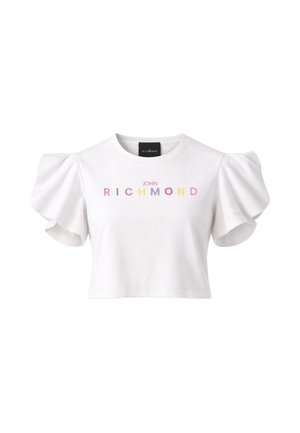 T-shirt bianca corta con maniche corte a volant e scritta multicolore "JOHN RICHMOND" centrata sul petto.