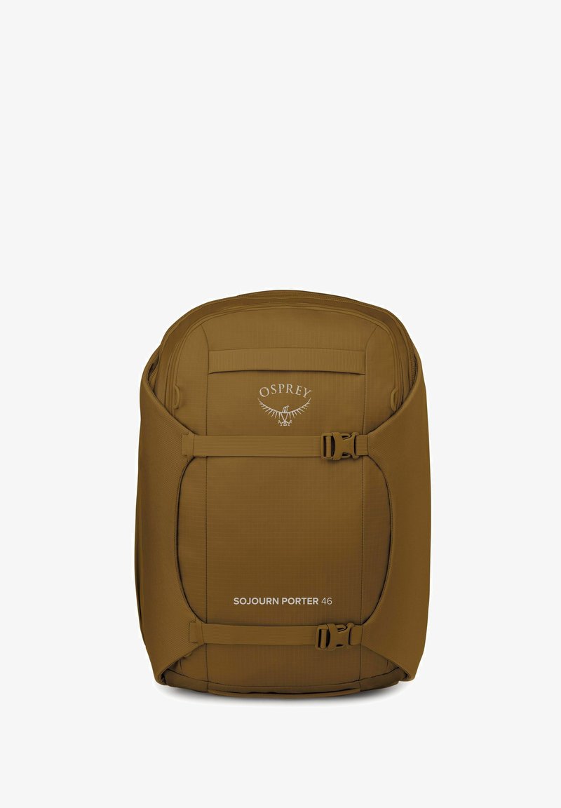 Sac à dos Osprey Sojourn Porter 46 en marron, avec une forme rectangulaire, une texture en tissu, des bretelles ajustables et un logo sur le devant.