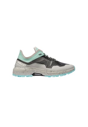 Light gray and mint green trail running shoe with textured sole, mesh upper, and "Millet" branding on the heel side.