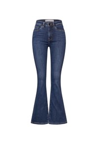 Mörkblå utsvängda jeans med hög midja, tillverkade av denim, med guldtråd och enkel knäppning. Fram- och bakfickor ingår.