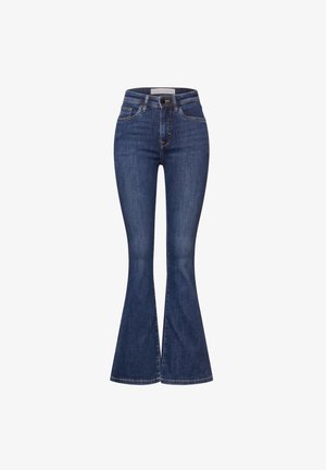 Dunkelblaue Schlagjeans mit hoher Taille, aus Jeansstoff, mit goldenen Nähten und einem einzelnen Knopfverschluss. Vordertaschen und Rückentaschen sind vorhanden.