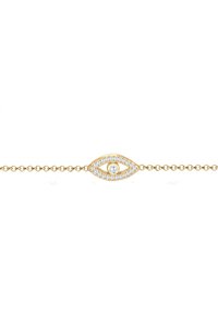 Guldkæde armbånd med en øjeformet charm prydet med en central klar ædelsten og omgivet af små, funkende sten.