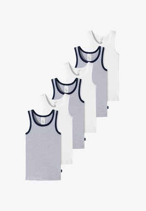 Sei canottiere: tre bianche e tre con righe orizzontali blu navy. Materiale in cotone, collo rotondo, bordo a contrasto blu navy e etichette in tessuto visibili.