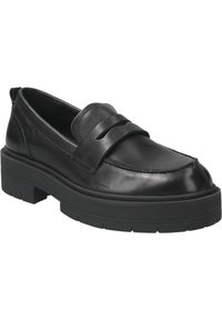 Zwarte lederen loafers met een gepolstervork en twee decoratieve banden. Voorzien van een stevige zwarte rubberen zool en een gladde textuur.