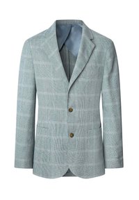 Blazer a quadri verde chiaro con due bottoni, revers a punta e due tasche frontali, con un interno blu liscio.
