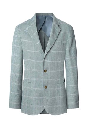 Lichtgroene geruite blazer met twee knopen, met gesneden revers en twee voorklauwen, voorzien van een gladde blauwe voering.