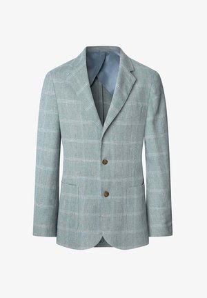 Lichtgroene geruite blazer met twee knopen, met gesneden revers en twee voorklauwen, voorzien van een gladde blauwe voering.