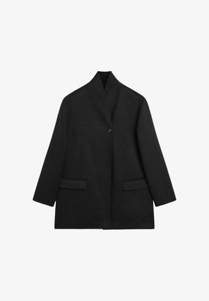 Black wool coat with a high collar, single button closure, and two front pockets. Features a straight silhouette and tailored design.