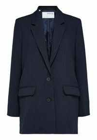 Marineblauwe op maat gemaakte blazer met een eenknopsontwerp, twee voorzakken en twee knopen. Gladde stof met een subtiele textuur.