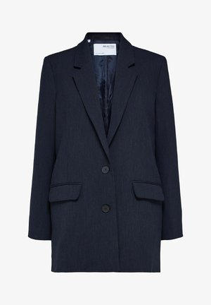 Marineblauer, taillierter Blazer mit einem einreihigen Design, zwei Fronttaschen und zwei Knöpfen. Glattes Material mit einer dezenten Textur.