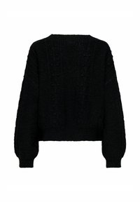 Pull en tricot noir court avec un motif texturé, un col rond et de longues manches ballon. Le tissu a l'air doux et confortable.