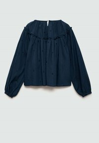 Donkerblauwe blouse met lange mouwen, gegatherde halslijn en textuurstof. Kenmerkt zich door kleine verhoogde stippen en een keyhole-sluiting op de rug.