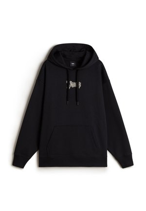 Schwarzer Hoodie aus weichem Stoff, mit einer vorderen Kängurutasche, Kapuze mit Kordelzug und dekorativem Text in einer helleren Farbe auf der Brust.