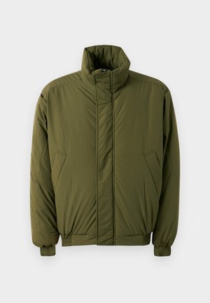 Olive green insulated jacket with a high collar, front zipper, and elastic cuffs. Features two side pockets and a smooth fabric texture.