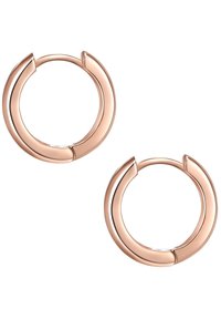 Rozā zeltni auskari gredzenu formā ar gludu, pulētu apdari. Cirkulārs dizains ar nelielu atstarpi, lai to aizvērtu. Viegls un minimālisks.