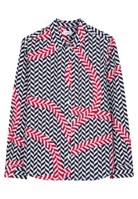 Långärmad skjorta med ett svart och vitt fiskbensmönster, featuring djärva röda chevron-accenter och knappstängning fram. Tillverkad av bomull.