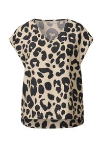 Top a maniche corte con stampa leopardata e scollo a V. Il tessuto presenta un aspetto testurizzato e stropicciato. Schema di colori: beige con macchie nere.