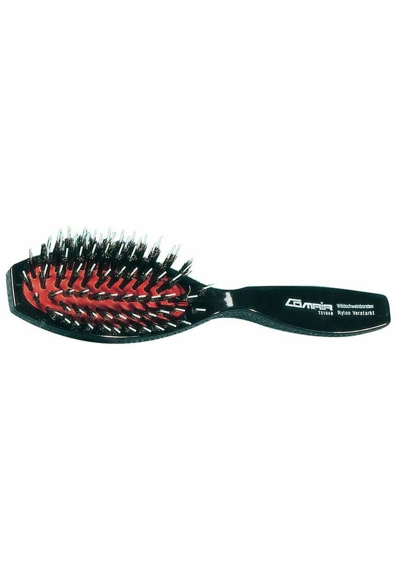 Black hairbrush with a red base featuring nylon bristles. The design is oval-shaped with a smooth handle and visible branding on the side.