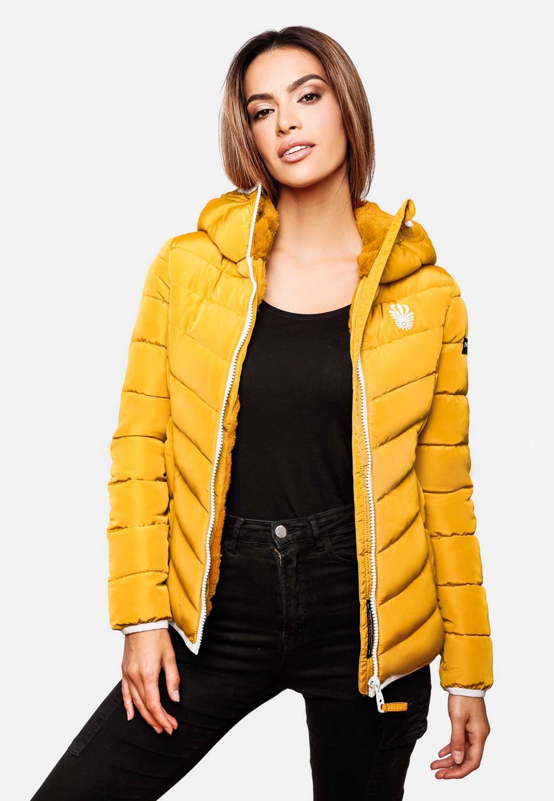 Yellow padded jacket with hood, featuring vertical stitching and faux fur lining. Front zipper closure and embroidered logo on chest.