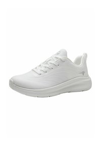 White athletic shoe with a textured mesh upper, round toe, and lace-up closure. Features a thick white sole with subtle curved lines.