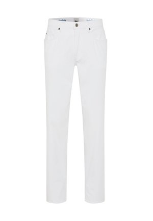 Witte skinny jeans met voorzakken, knoop- en ritssluiting, en riemlussen, afgebeeld tegen een effen witte achtergrond.
