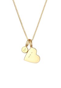 Goldfarbene Anhänger-Halskette mit zwei miteinander verbundenen Anhängern: einem Herzen und einem kleineren Kreis, die beide mit "925" und "Ad." graviert sind.