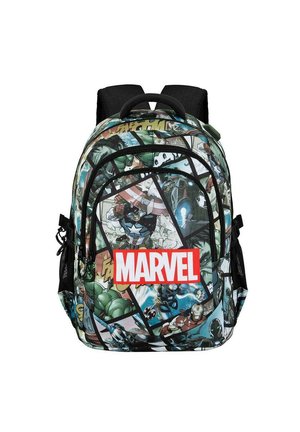 Sac à dos présentant un design coloré de bande dessinée avec des personnages Marvel, des accents noirs et des bretelles rembourrées réglables. Logo "MARVEL" rouge.