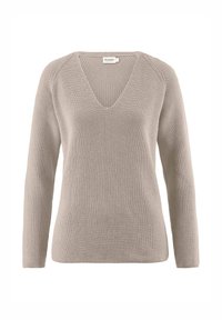 Leicht beigefarbener V-Ausschnitt-Pullover, gerippte Textur, lange Ärmel und eine lockere Passform. Mit Raglan-Nähten für zusätzliche Details.