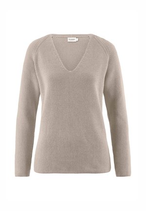 Leicht beigefarbener V-Ausschnitt-Pullover, gerippte Textur, lange Ärmel und eine lockere Passform. Mit Raglan-Nähten für zusätzliche Details.