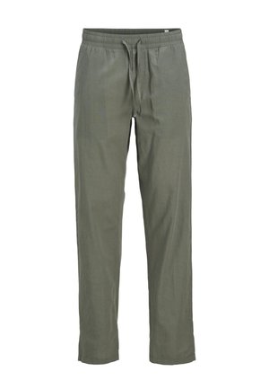Pantalones oliva ligeros con cintura elástica y cordón ajustable. Corte recto con una textura suave y sin patrones.