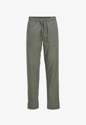 Pantalones oliva ligeros con cintura elástica y cordón ajustable. Corte recto con una textura suave y sin patrones.