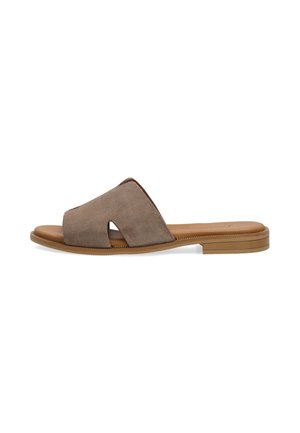 Brun ruskind flad sandal med åben tå og udskæring i siden, lædersål og lav stablet træhæl.