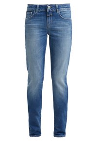 Světle modré džíny z denimu se slim fit střihem, pětikapsovým designem a jemným vyblednutím. Obsahují zapínání na knoflík a zip se šitými detaily.