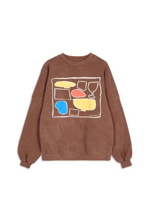 Brown sweatshirt featuring a graphic design with yellow, blue, red, and light brown shapes outlined in white. Dropped shoulders and ribbed cuffs.