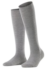 Gray knee-high socks made from a soft, textured knit material. Features a ribbed cuff and reinforced toe for durability.