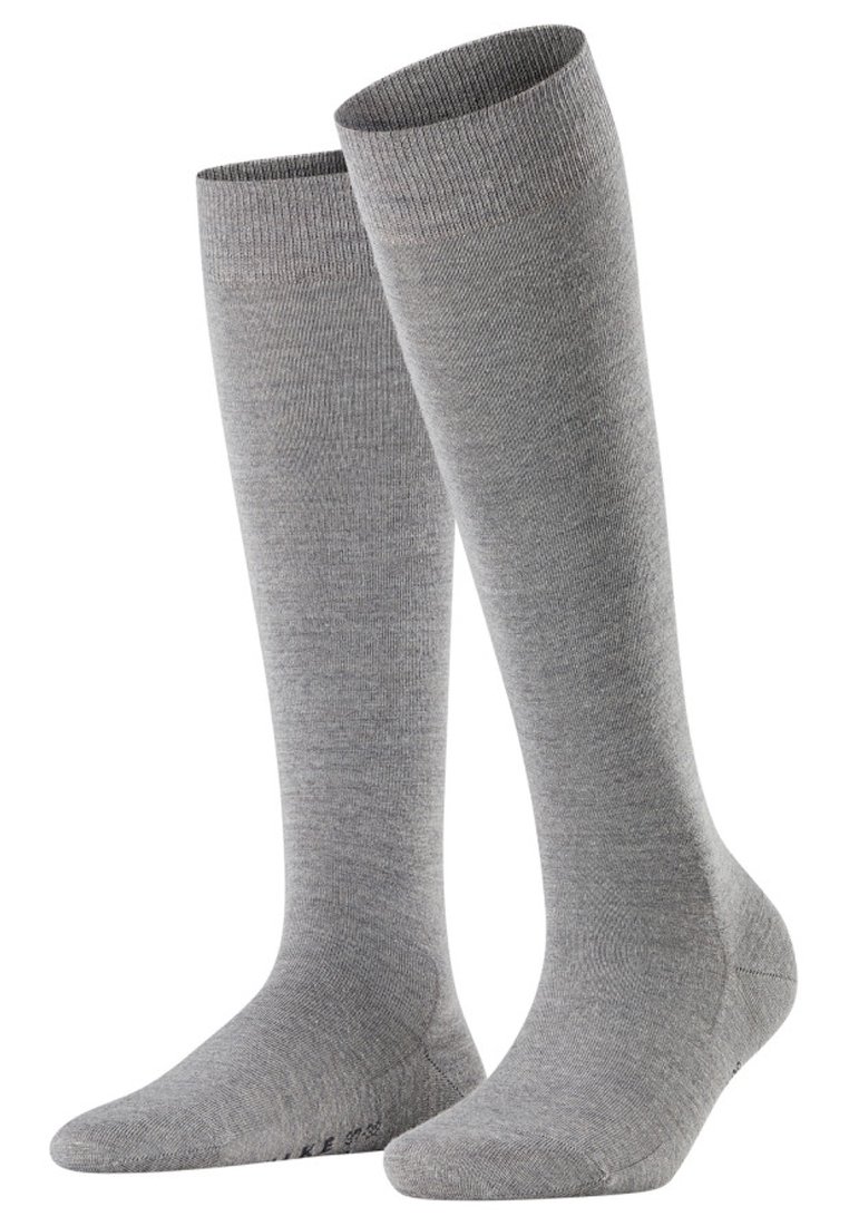 Gray knee-high socks made from a soft, textured knit material. Features a ribbed cuff and reinforced toe for durability.