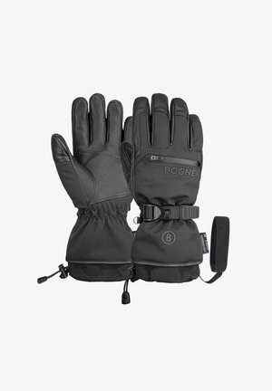 Black insulated gloves with leather palms, elastic cuffs, and adjustable straps. Features a side zipper and logo detail on the wrist.