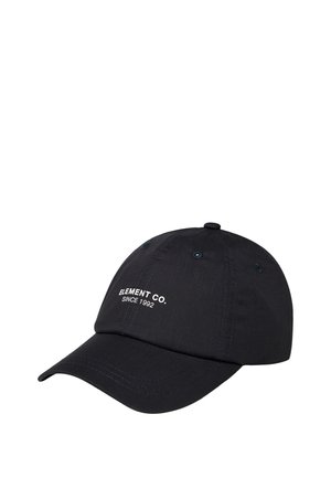Black baseball cap with adjustable strap. Features white embroidered text "ELEMENT CO. SINCE 1992" on the front. Smooth fabric texture.