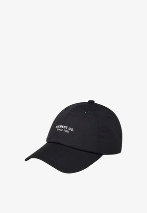 Schwarze Baseballmütze mit verstellbarem Riemen. Auf der Vorderseite mit weißen gestickten Text "ELEMENT CO. SINCE 1992". Glatte Stoffstruktur.