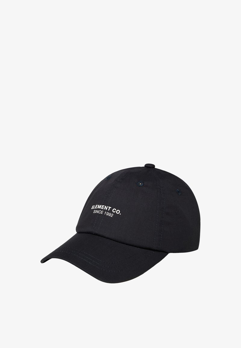 Black baseball cap with adjustable strap. Features white embroidered text "ELEMENT CO. SINCE 1992" on the front. Smooth fabric texture.