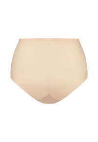 Hochtaillierte, nahtlose beige Unterwäsche mit glatter Textur, abgerundetem Schnitt und subtilen Nähten, die entlang der Mitte des Rückens verlaufen.