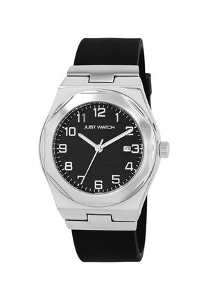 Silberner Edelstahl-Armbanduhr mit schwarzem Zifferblatt, weißen Ziffern und einem schwarzen Gummigurt. Verfügt über eine Datumsanzeige und Quarzbewegung.