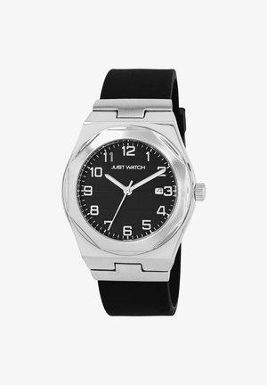 Silberner Edelstahl-Armbanduhr mit schwarzem Zifferblatt, weißen Ziffern und einem schwarzen Gummigurt. Verfügt über eine Datumsanzeige und Quarzbewegung.