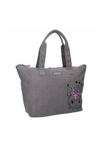 Grijze corduroy tote bag met twee handvatten, een ritssluiting en een Kuromi-karakter met een roze strik en harten aan de voorkant.