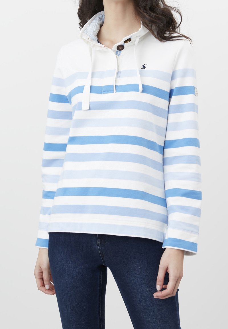 Femme portant un haut blanc à manches longues avec des rayures horizontales bleues variées, col boutonné et jean bleu foncé, debout sur un fond uni.