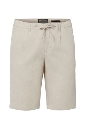 Pantaloncini beige da uomo fino al ginocchio con vita regolabile con coulisse, passanti per cintura e tasche laterali, realizzati in tessuto strutturato.