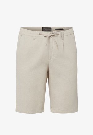 Beige Herren-Knielange Shorts mit Kordelzugbund, Gürtelschlaufen und Seitentaschen, aus strukturiertem Stoff.