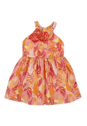 Robe à imprimé floral dans les tons rose, orange et jaune. Présente une coupe sans manches, un col rond et trois fleurs en tissu sur le devant.