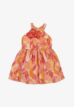 Robe à imprimé floral dans les tons rose, orange et jaune. Présente une coupe sans manches, un col rond et trois fleurs en tissu sur le devant.